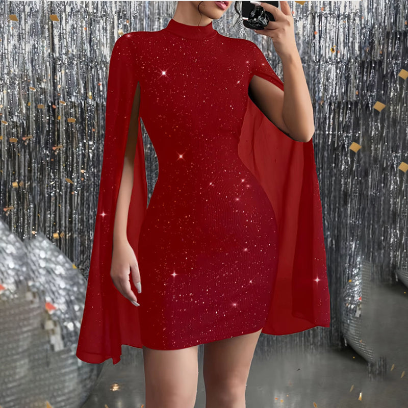 Women's Glitter Bodycon Mini Dress, Mock Neck Cloak Sleeve Cocktail Dress For Wedding Guest Party