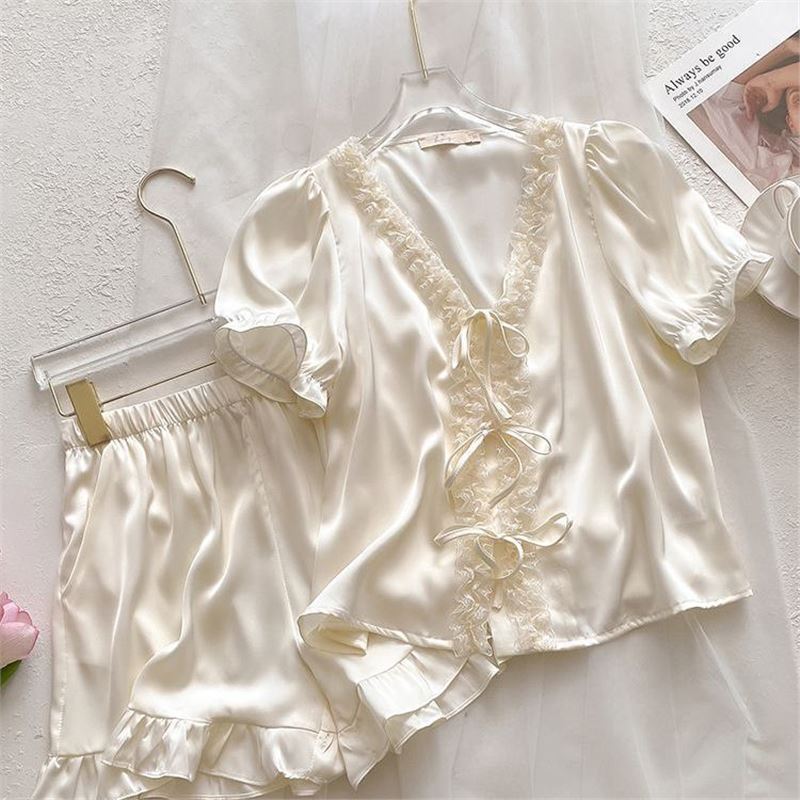 Women's Ice Silk Pajama Set Short Sleeve Shorts