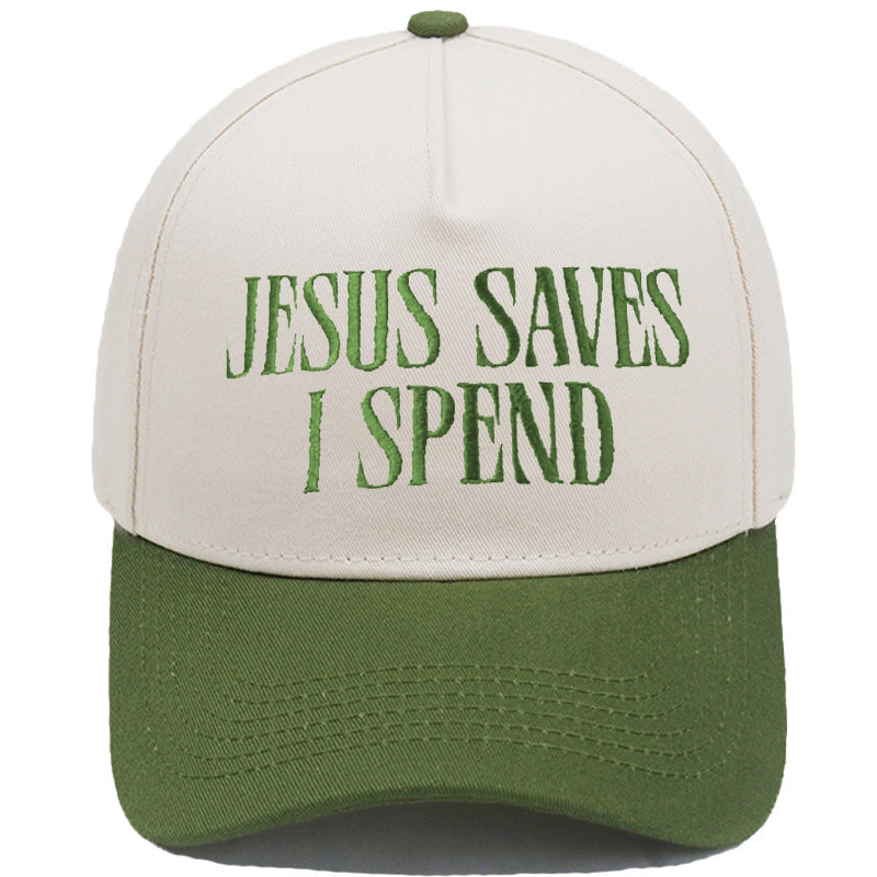 JESUS SAVES I SPEND Embroidered Trucker Hat Color-Block Baseball Cap