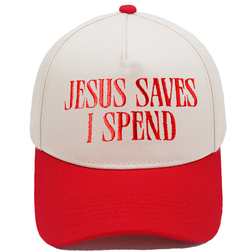 JESUS SAVES I SPEND Embroidered Trucker Hat Color-Block Baseball Cap