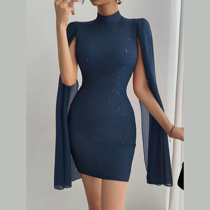 Women's Glitter Bodycon Mini Dress, Mock Neck Cloak Sleeve Cocktail Dress For Wedding Guest Party