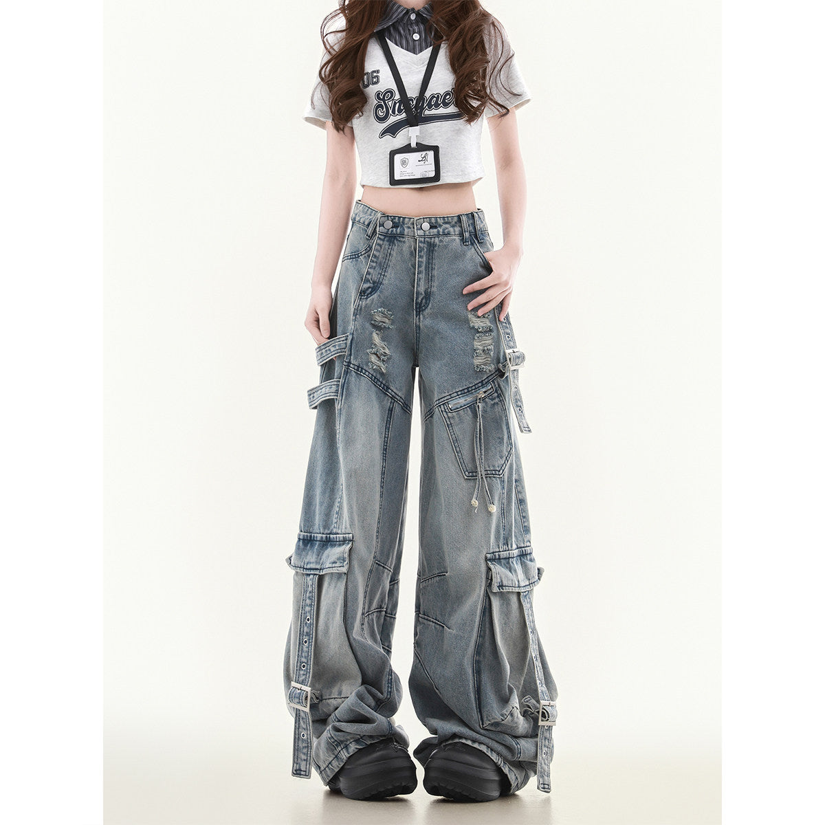 Women's Washed Denim Cargo Pants with Wide Leg