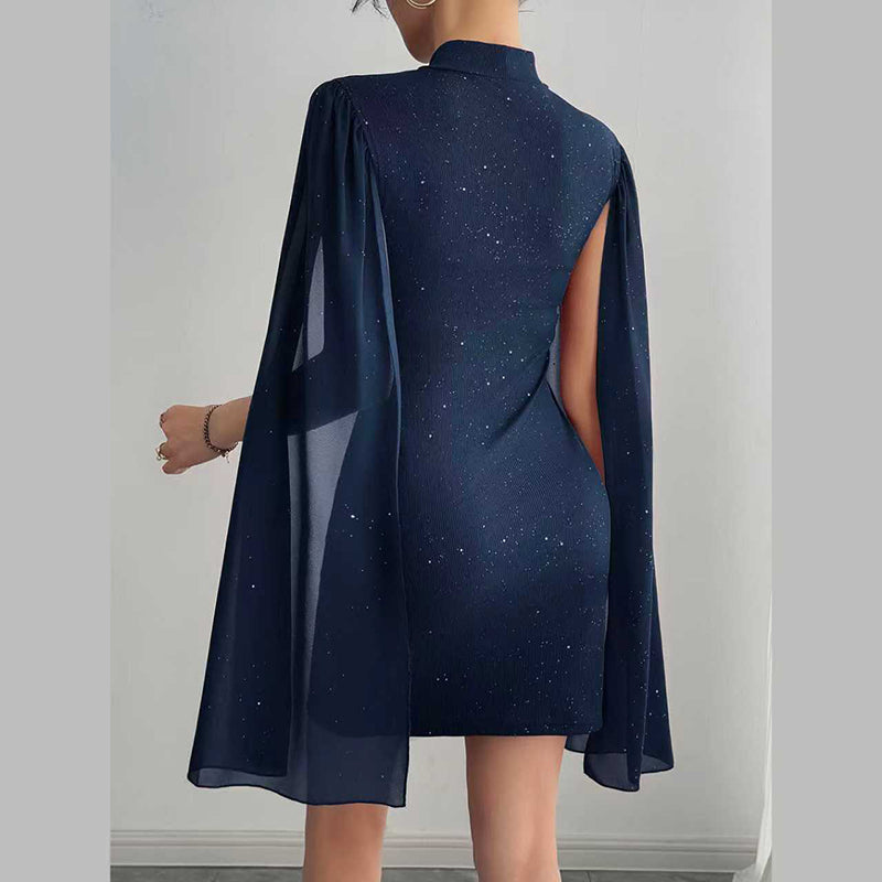 Women's Glitter Bodycon Mini Dress, Mock Neck Cloak Sleeve Cocktail Dress For Wedding Guest Party