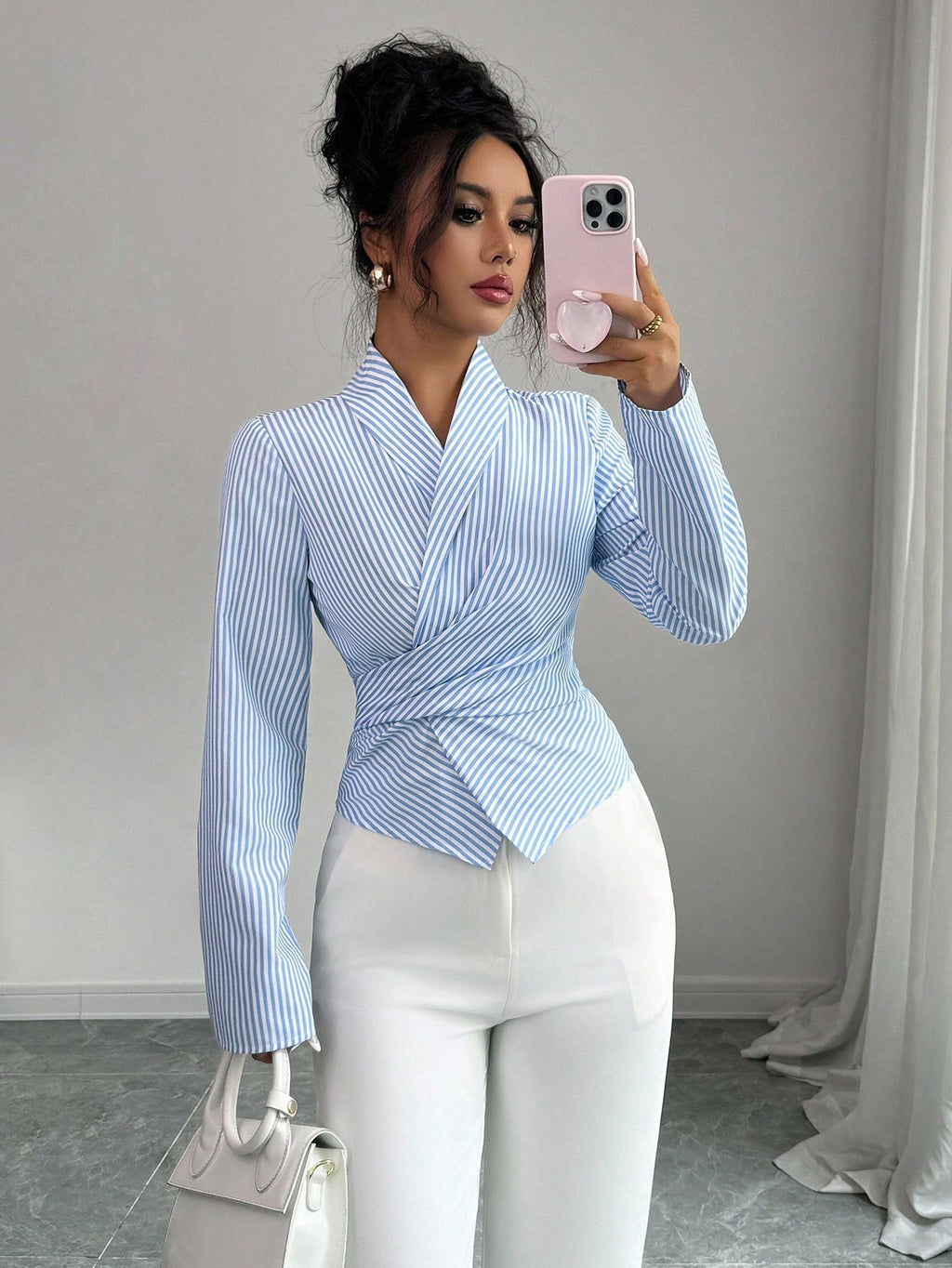 Striped long-sleeved tie-front shirt