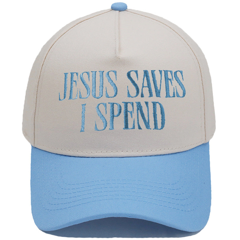 JESUS SAVES I SPEND Embroidered Trucker Hat Color-Block Baseball Cap