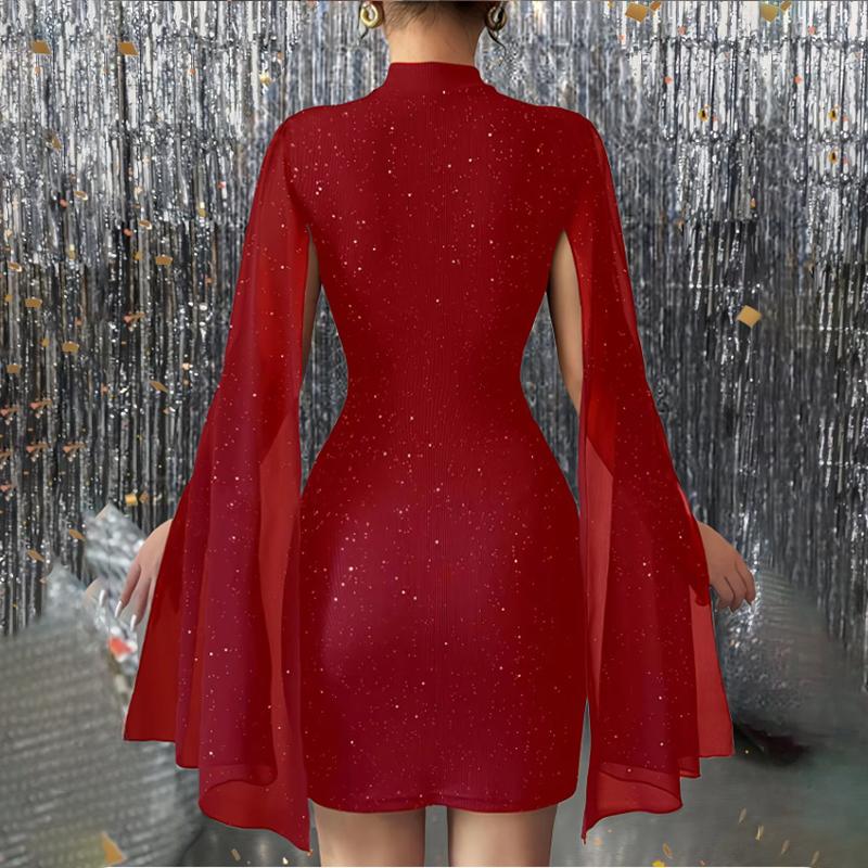 Women's Glitter Bodycon Mini Dress, Mock Neck Cloak Sleeve Cocktail Dress For Wedding Guest Party