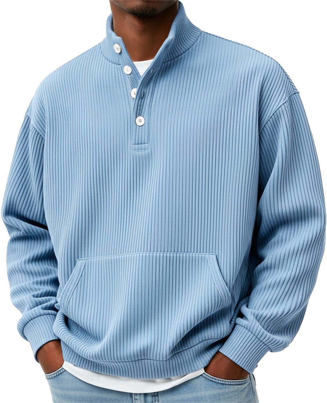Mens Solid-Color Turtleneck Casual Long-Sleeve Polo Sweatshirt