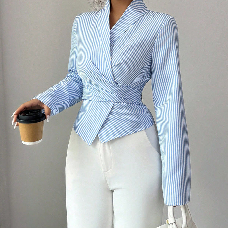 Striped long-sleeved tie-front shirt