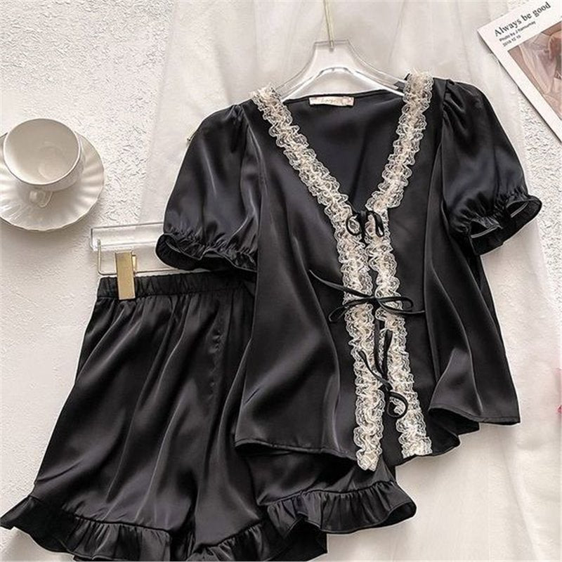 Women's Ice Silk Pajama Set Short Sleeve Shorts