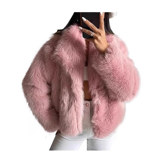 Womens Faux Fur Coat Square Collar Long Sleeve Winter Jacket