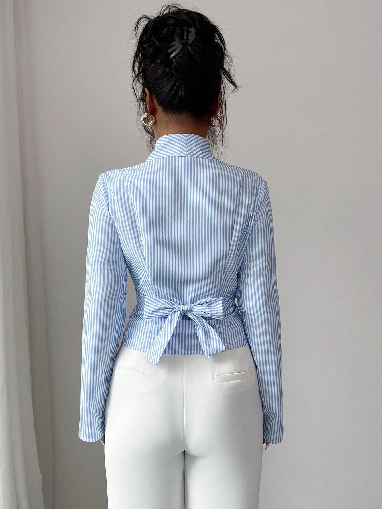 Striped long-sleeved tie-front shirt