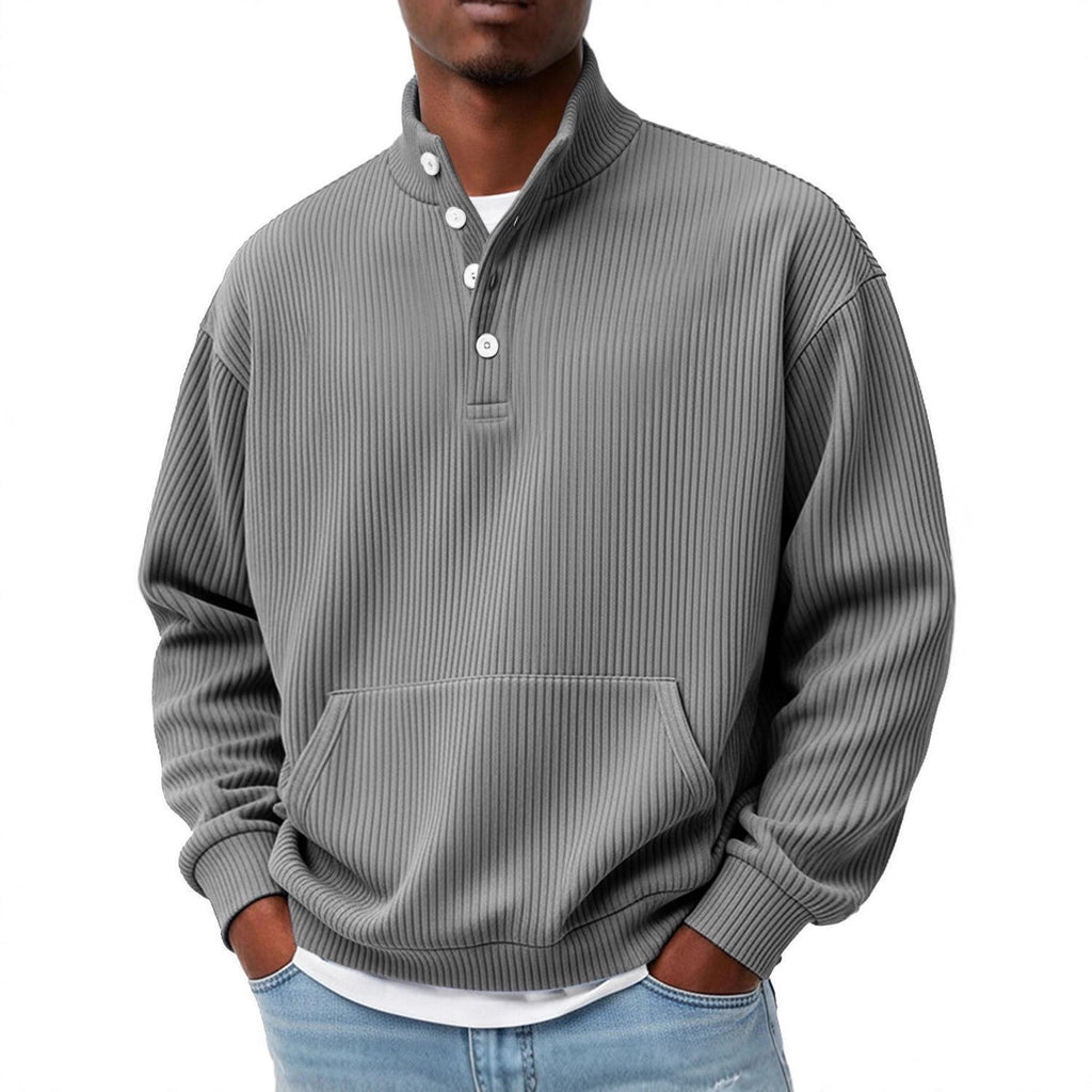 Mens Solid-Color Turtleneck Casual Long-Sleeve Polo Sweatshirt