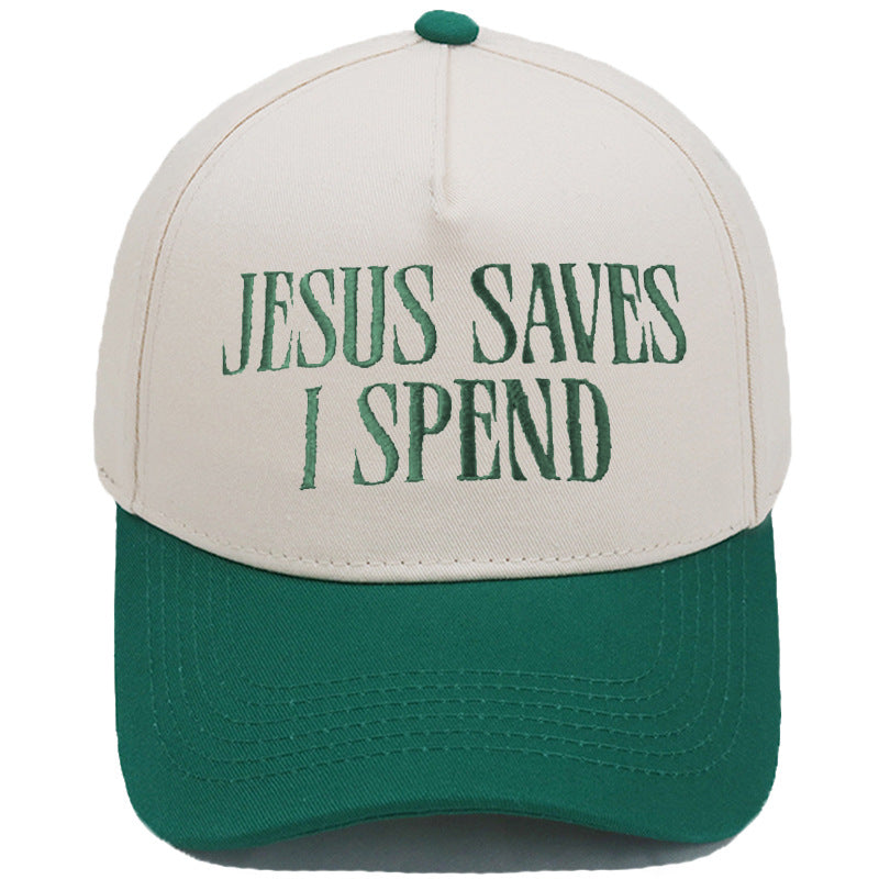 JESUS SAVES I SPEND Embroidered Trucker Hat Color-Block Baseball Cap
