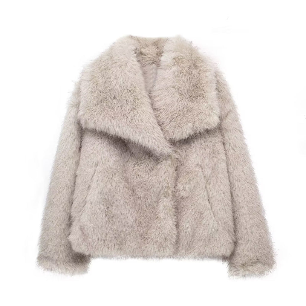 Womens Faux Fur Coat Square Collar Long Sleeve Winter Jacket