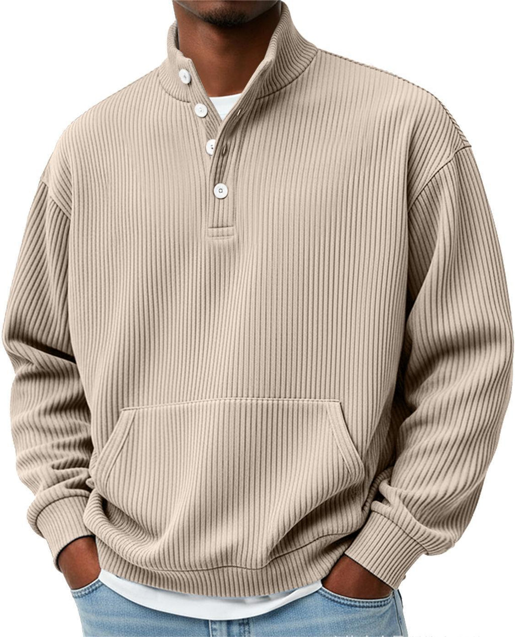 Mens Solid-Color Turtleneck Casual Long-Sleeve Polo Sweatshirt