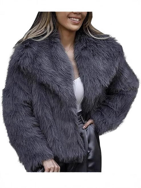 Womens Faux Fur Coat Square Collar Long Sleeve Winter Jacket