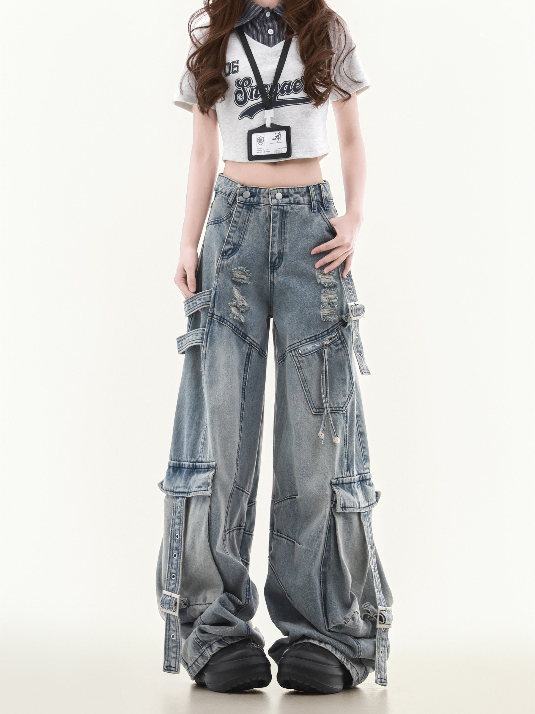 Women's Washed Denim Cargo Pants with Wide Leg